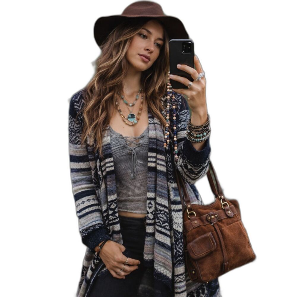 Free People Yesterdays Smile Aztec Striped Duster Boho Long Cardigan Sweater M